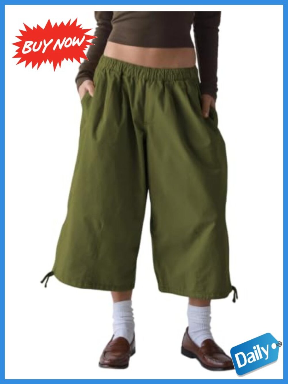 Wide Leg Cargo Capris Elastic Waist Cropped Pants with Pockets